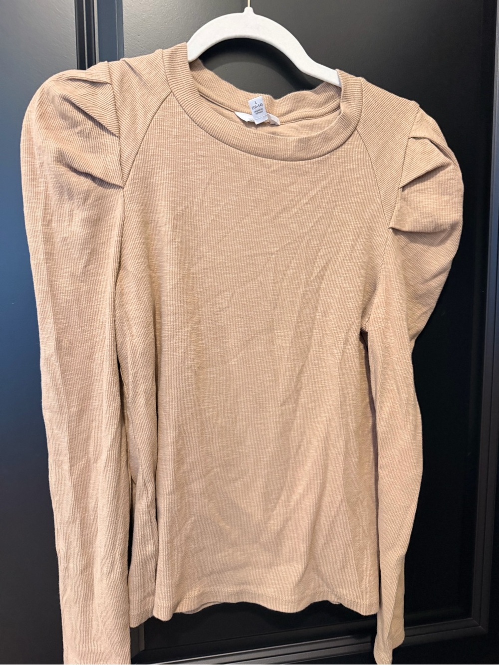 Long-Sleeve Puff Shoulder Top in Tan